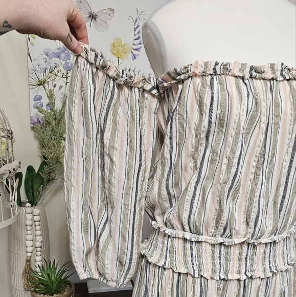 SURF GYPSY | SHIMMER STRIPED OFF SHOULDER RUFFLE MINI DRESS - Picture 7 of 16